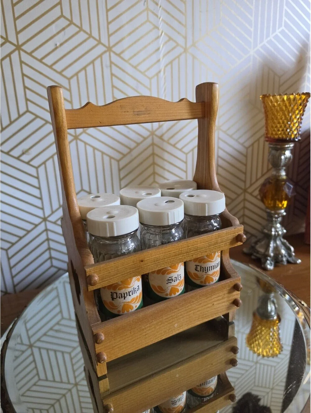 Vintage Wooden Spice Caddy W 6 Glass Jars With Dispenser Lids